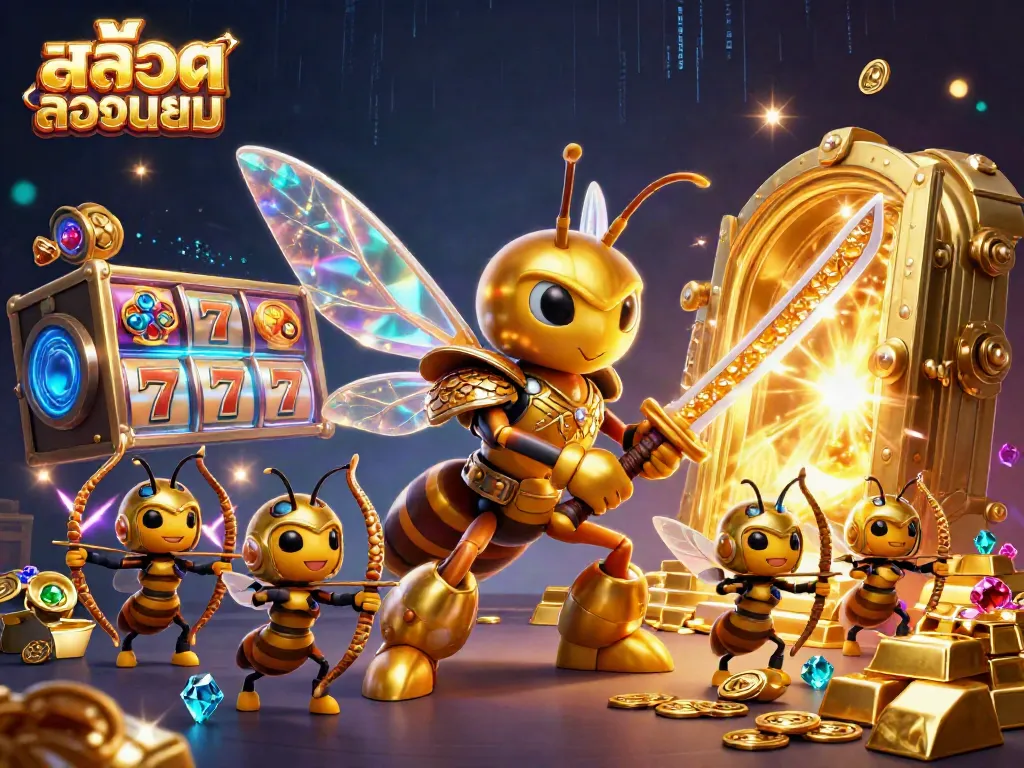 Engage with สล็อตยอดนิยม featuring a golden hornet samurai and treasure amidst vibrant casino elements.
