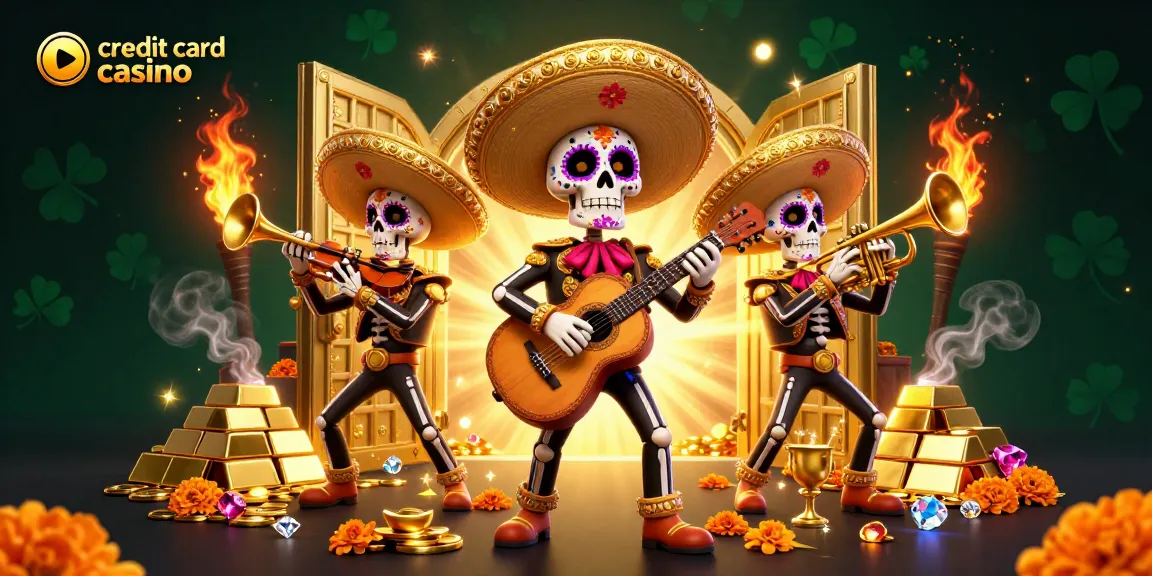 Experience thrills at the credit card casino with a vibrant mariachi band amidst treasures and winnings.