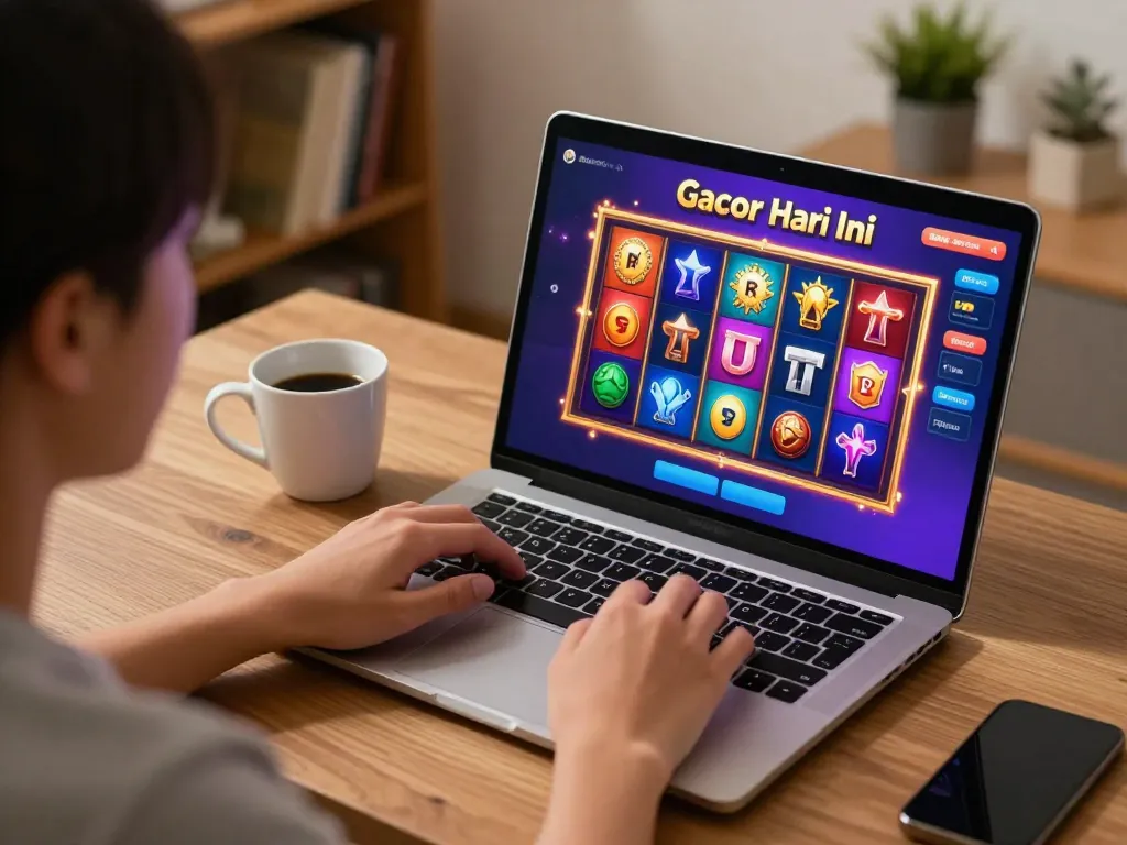 Engaging gameplay of slot gacor hari ini on a laptop, showcasing exciting reels and a cozy home setup