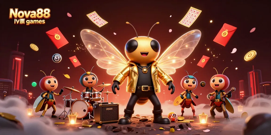 Experience the excitement of Nova88 lottery games with a vibrant 3D illustration featuring a cicada rock star and dynamic gaming elements.