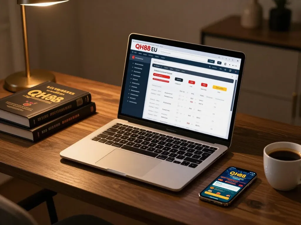 Engaging online gaming experience on QH88 EU with laptop and smartphone set for casino betting.