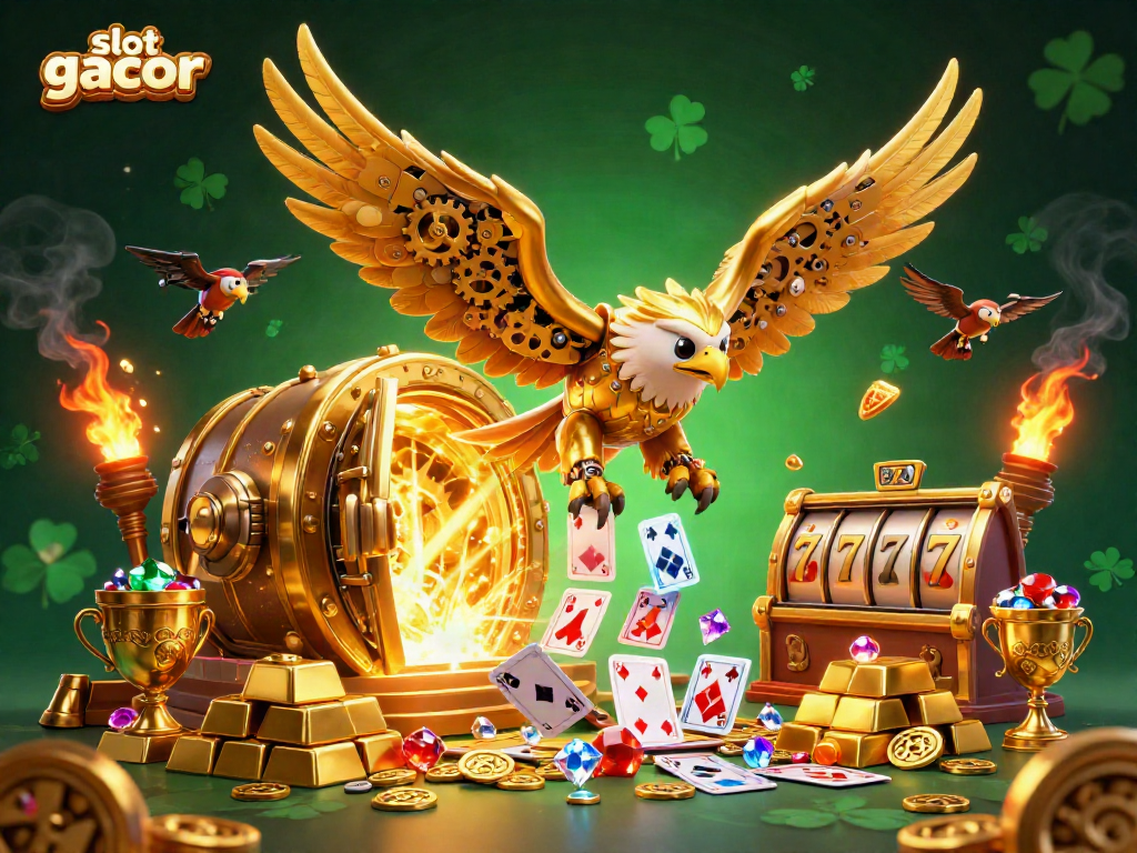 Gambarkan slot gacor dengan elang emas 3D terbang di antara kartu bermain dan harta karun.