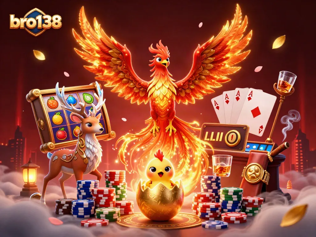 Experience bro138 casino thrills with a vivid 3D scene showcasing slots and majestic phoenix elements.