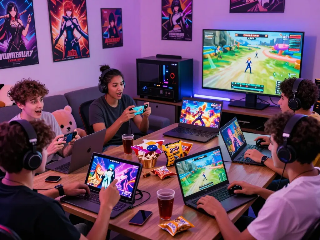 Engaged players exploring sex games on devices in a lively gaming room atmosphere.