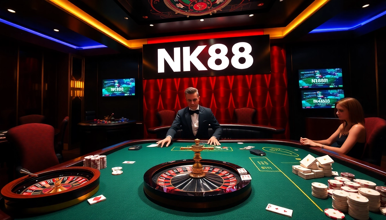 Engaged players enjoying a professional gaming experience at NK88 casino with poker chips and cards.
