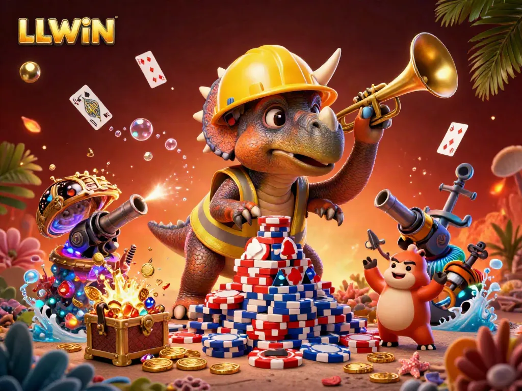 Experience thrilling gaming action with LLWIN as a triceratops builds poker chips in a casino celebration scene.