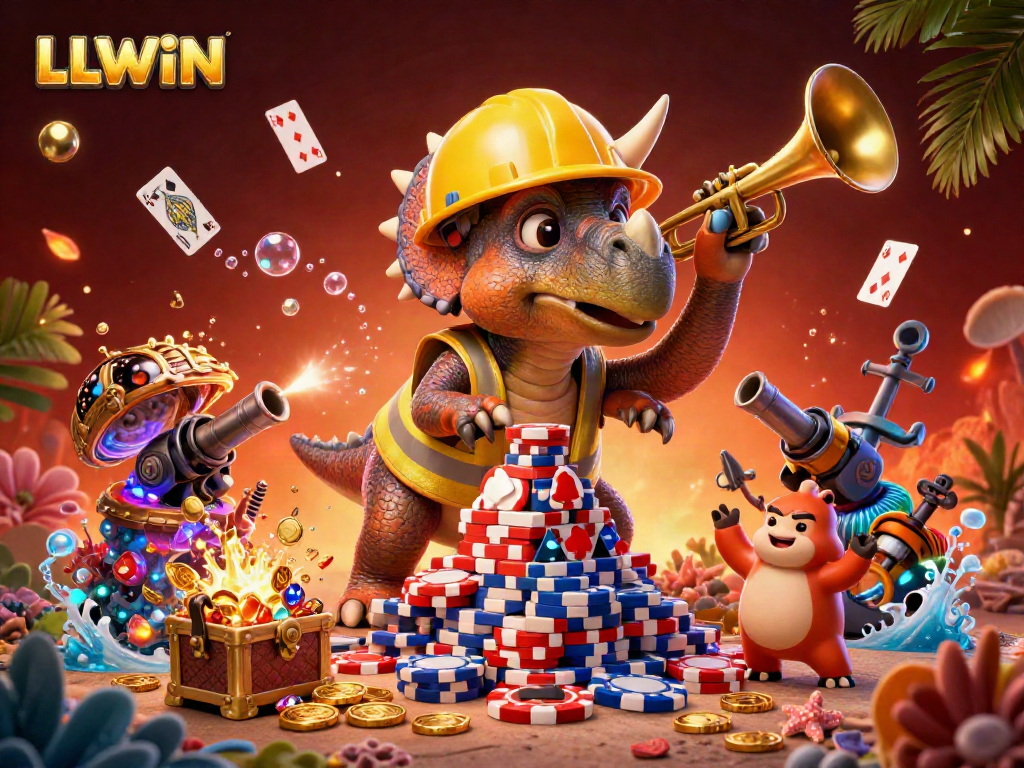Experience thrilling gaming action with LLWIN as a triceratops builds poker chips in a casino celebration scene.