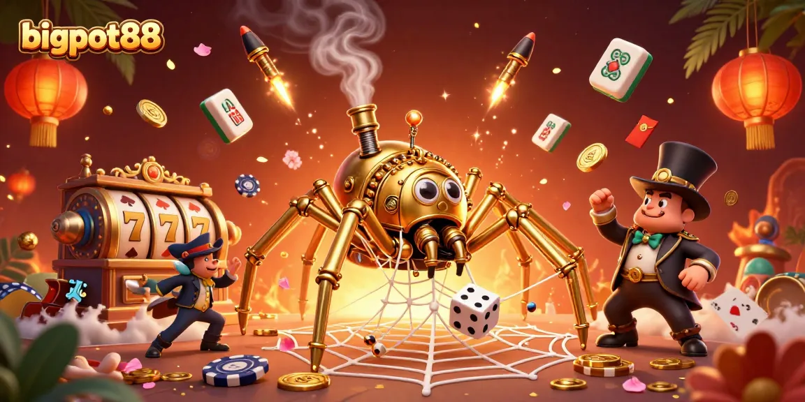 Engage with the exciting bigpot88 slots experience featuring steampunk characters, poker chips, and vibrant gaming elements.