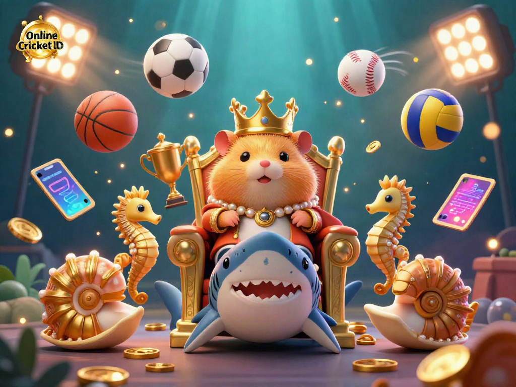 Join the excitement of Online Cricket ID with a dynamic scene of a golden hamster king and seahorse guards amidst floating sports elements.