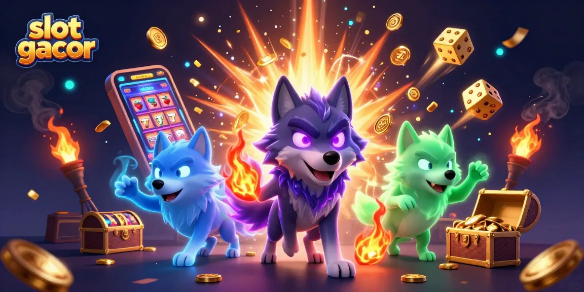 Permainan slot gacor menghadirkan jackpot menarik dengan karakter serigala dan mesin slot.