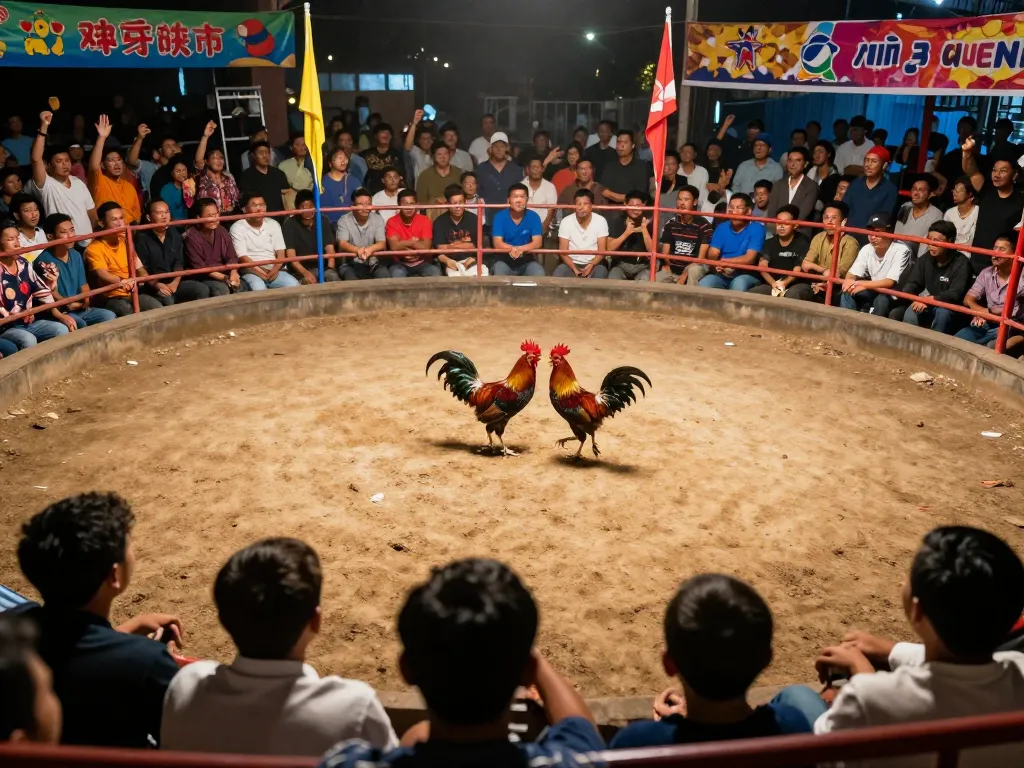 Bắt lấy hành động hồi hộp của Cá đó đá gà thomo trong một đấu trường gà trực tiếp với khán giả cổ vũ