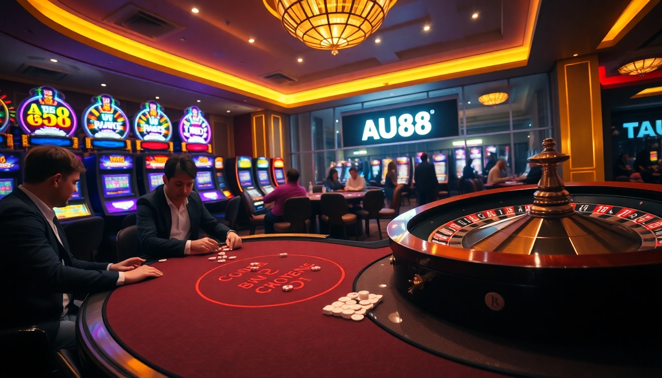 Players enjoying a thrilling game at AU88 casino with vibrant slot machines and roulette.