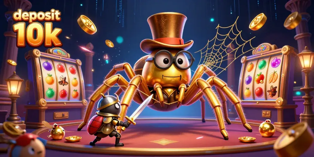 Permainan deposit 10k yang seru dengan tarantula emas mencolok dan keberanian beetle knights dalam kesan kasino.