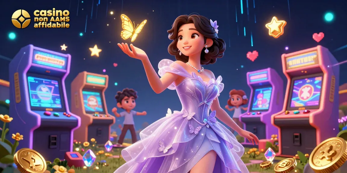 Una splendida donna asiatica circondata da macchine da gioco rappresenta casino non AAMS affidabile, simboleggiando eccitazione.