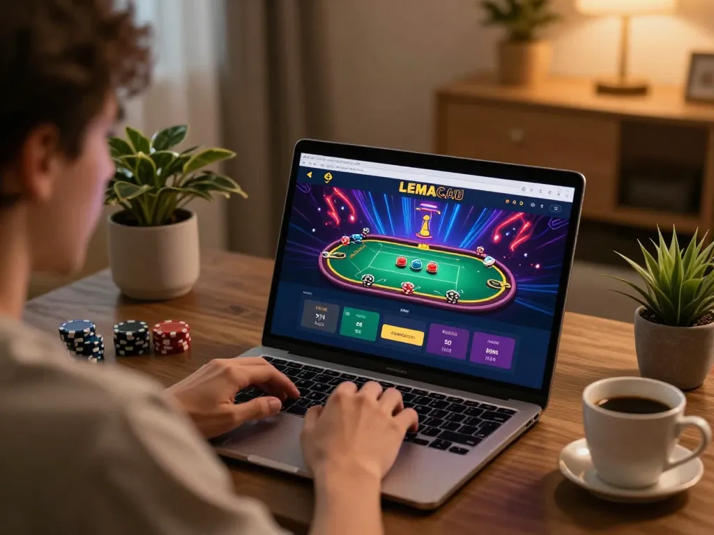 LEMACAU online player engaging in virtual poker gameplay from a cozy home setting.