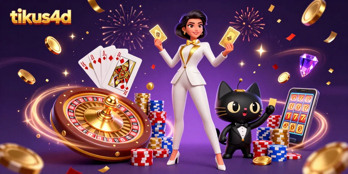 Experience the excitement of tikus4d with a glamorous woman shuffling cards, surrounded by vibrant casino elements.