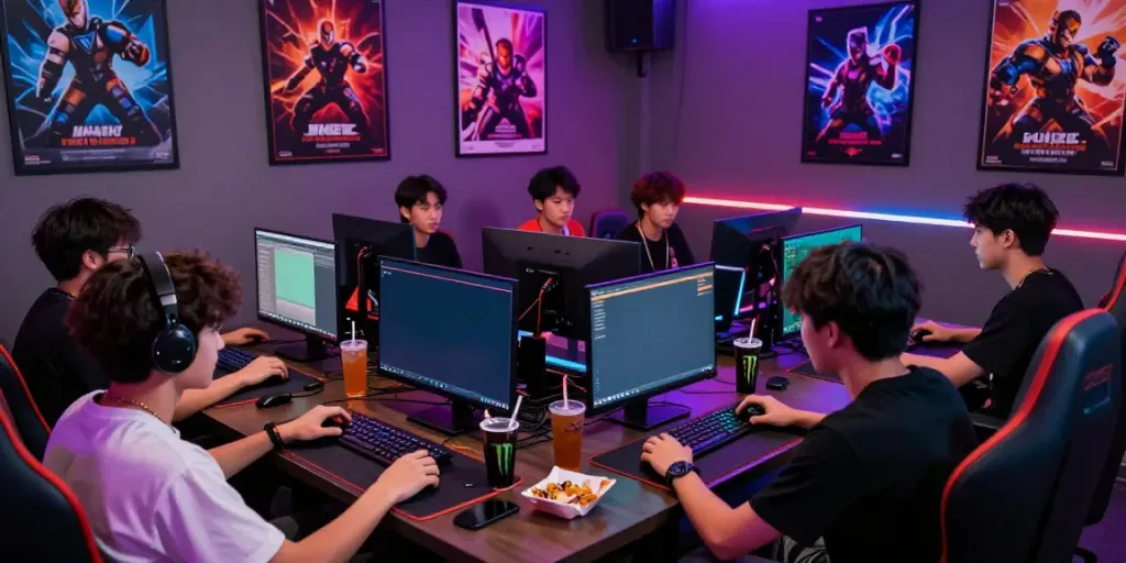 Gaming enthusiasts enjoying akunjp in a vibrant lounge, showcasing excitement and camaraderie.