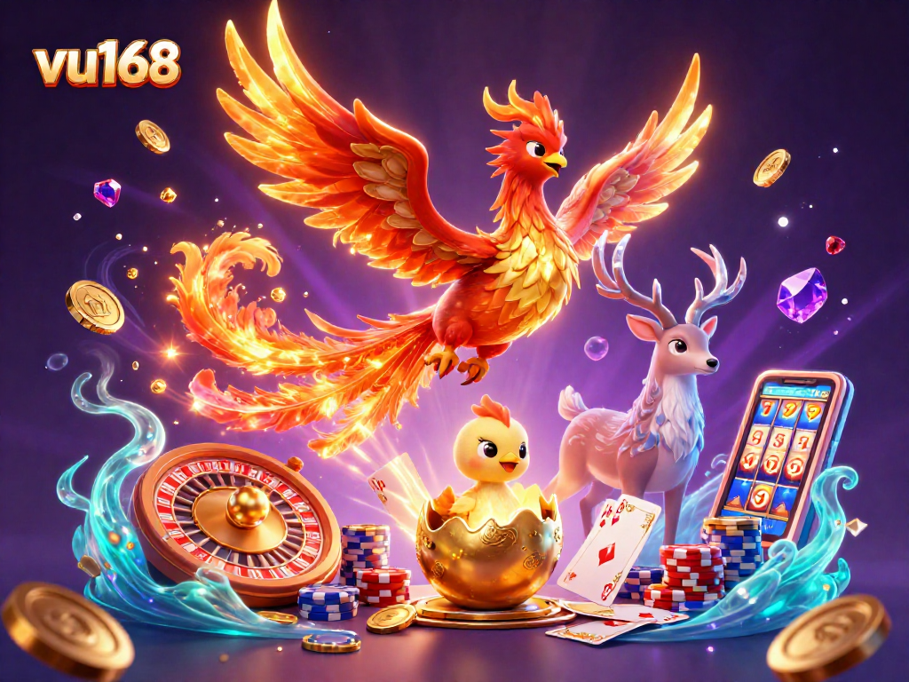 Win big with vu168 as a phoenix and stag soar among sparkling games and coins.