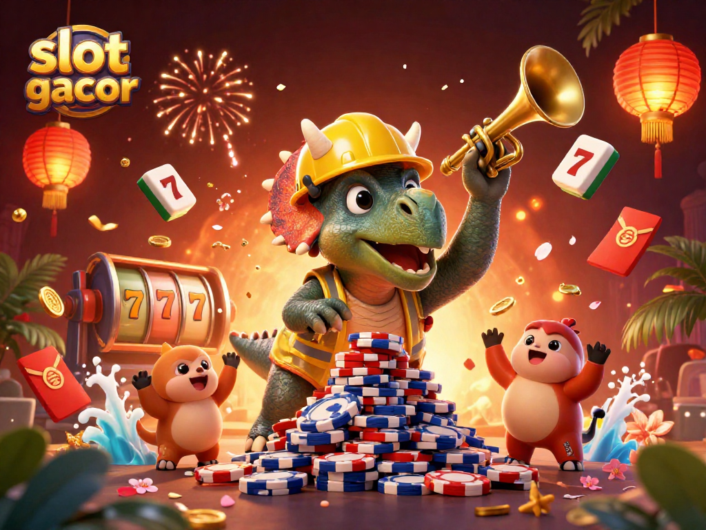 Spin the slot gacor reels with a triceratops creating poker chip towers in a festive casino scene.