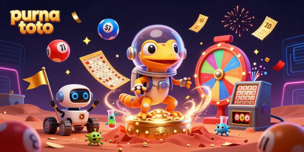 Menangkan hadiah lotere di purna toto dengan karakter alien ceria yang menyemarakkan festival kasino.