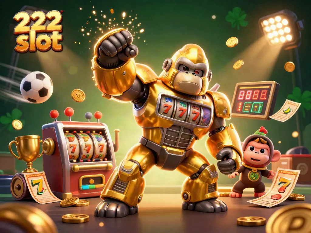 Mainkan 222 slot dengan kualitas luar biasa, menampilkan gorila emas bertema mesin slot dalam 3D.