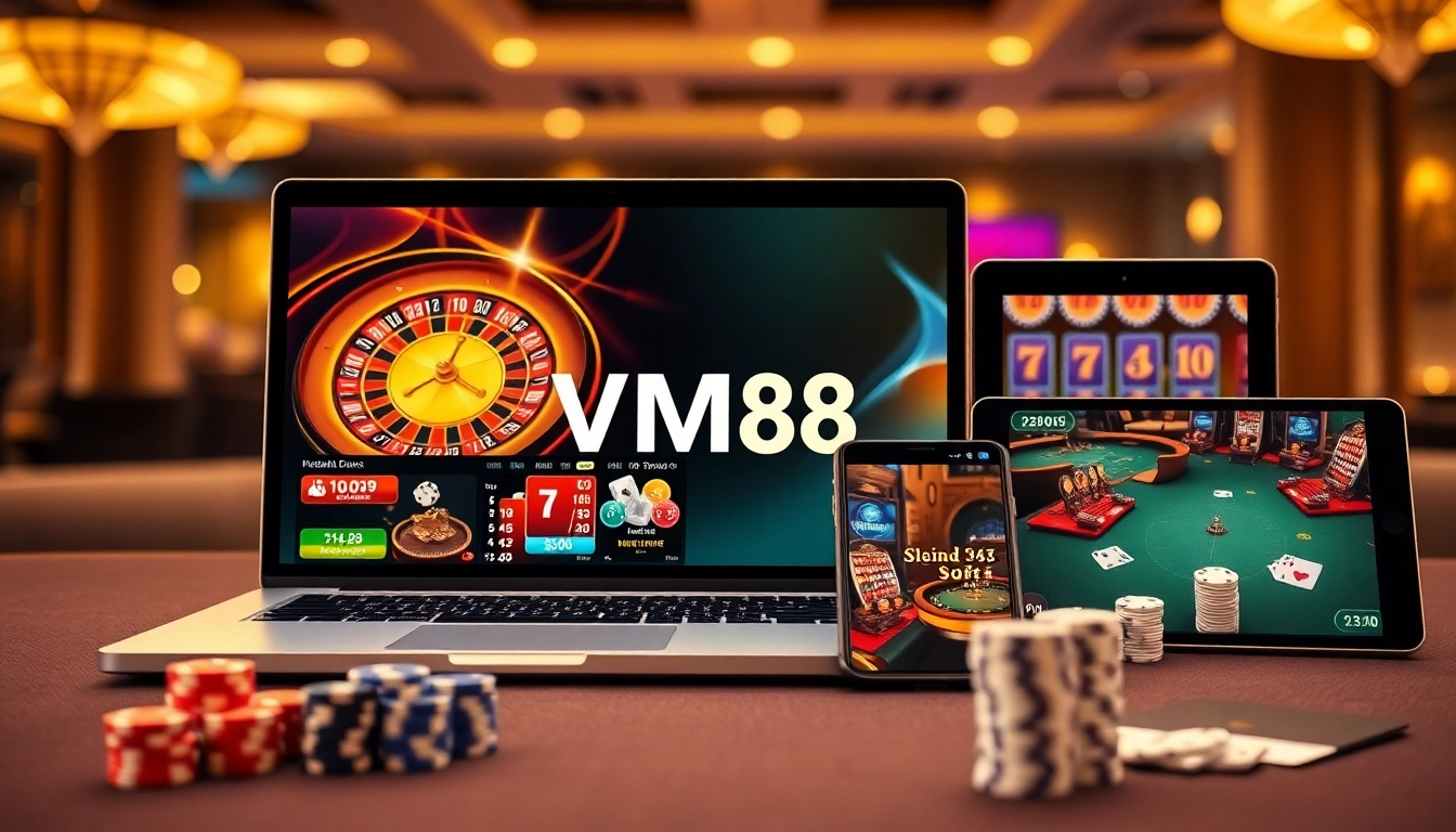 VM88 casino interface displaying winning bets and spinning roulette wheel with glowing chips