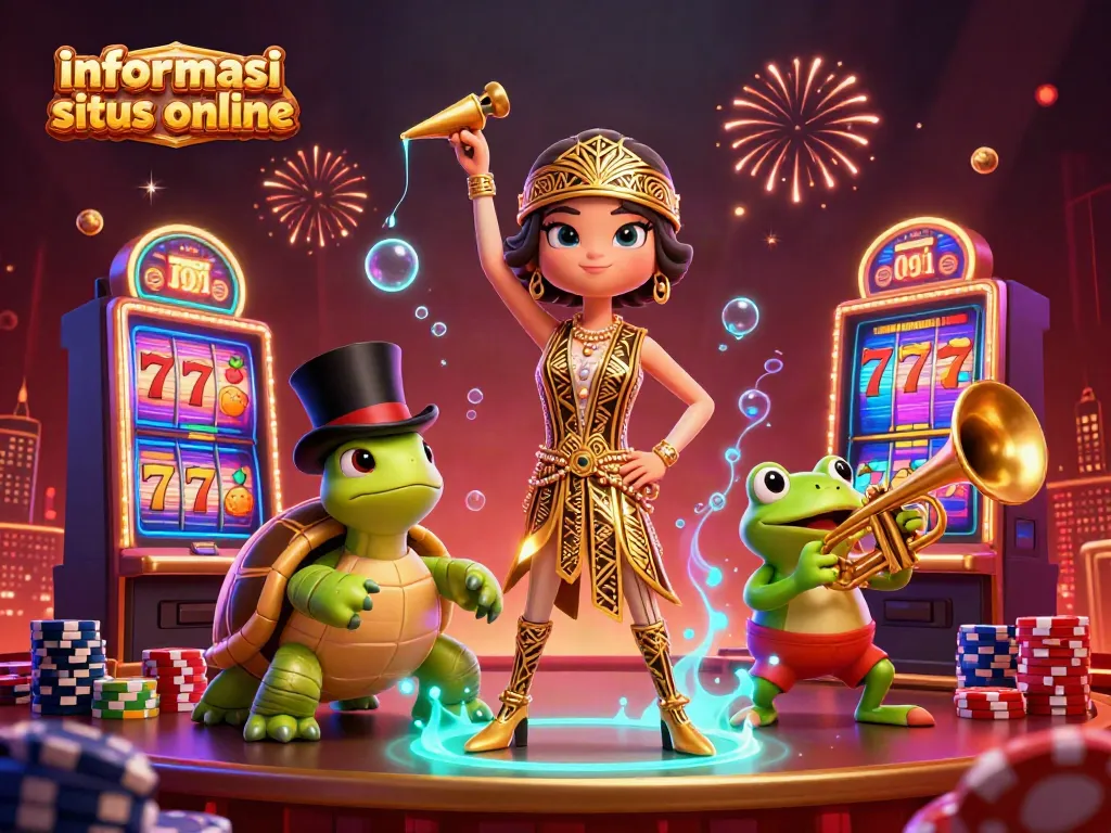 Informasi situs slot online dengan karakter kartun 3D di kasino yang meriah.