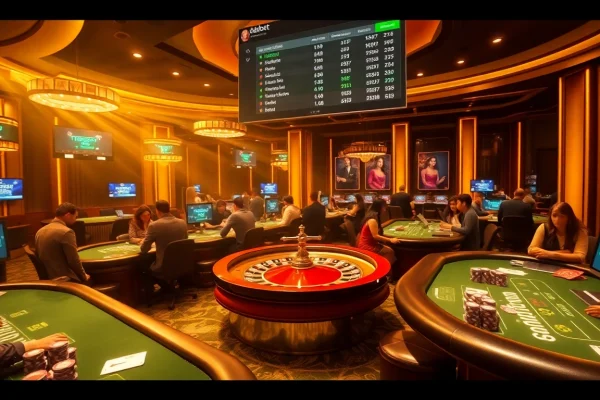 Gambling enthusiasts placing bets at dabet's luxurious casino tables filled with excitement.