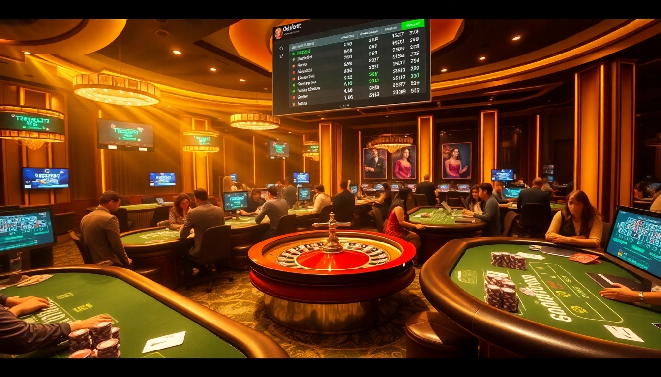 Gambling enthusiasts placing bets at dabet's luxurious casino tables filled with excitement.