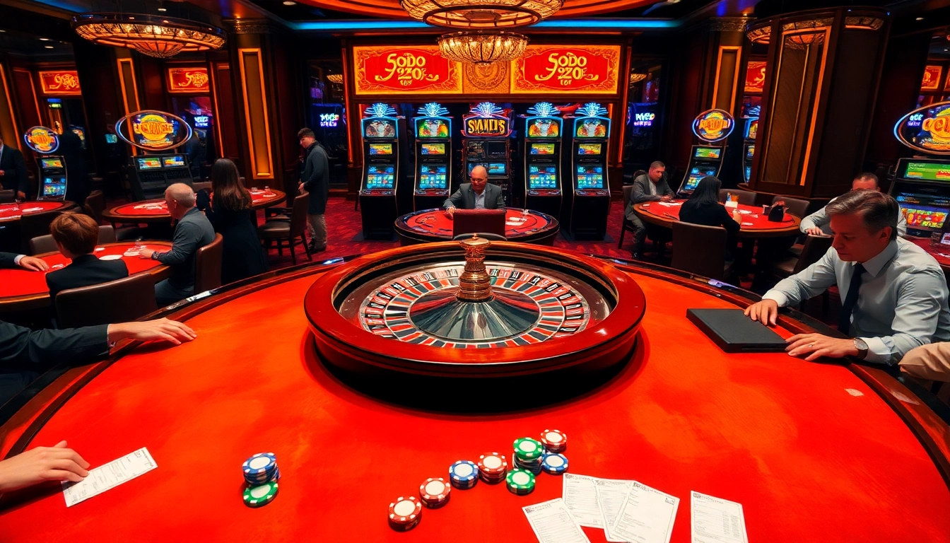 SODO66 casino scene showcasing poker tables and a roulette wheel amidst vibrant atmosphere