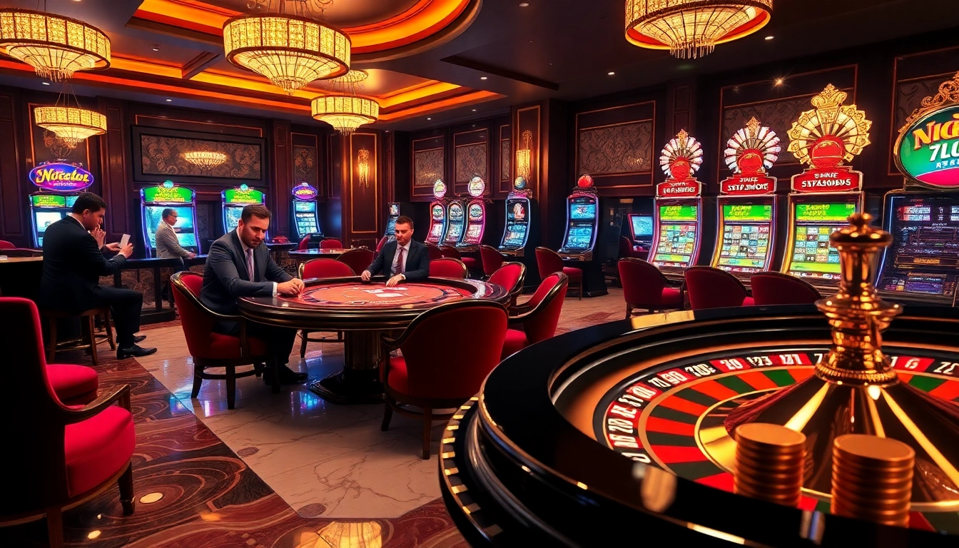 Engaging casino scene with poker, roulette, and vibrant slot machines highlighting Nc88.