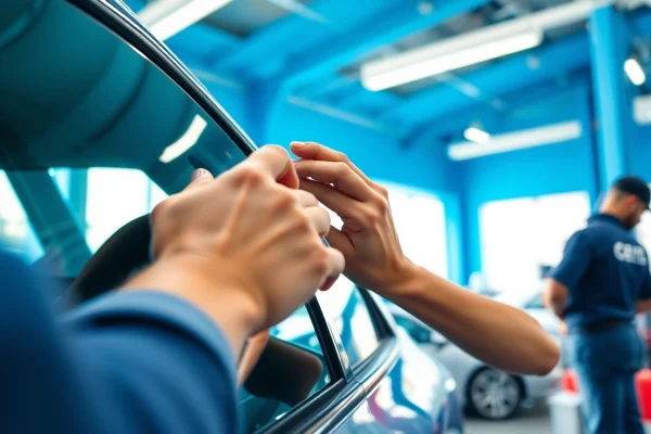 Apply window tint near me in an automotive shop showcasing skilled technicians.