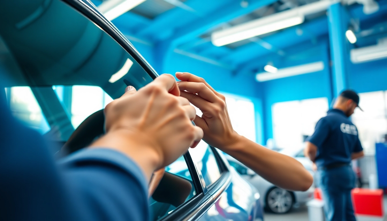 Apply window tint near me in an automotive shop showcasing skilled technicians.