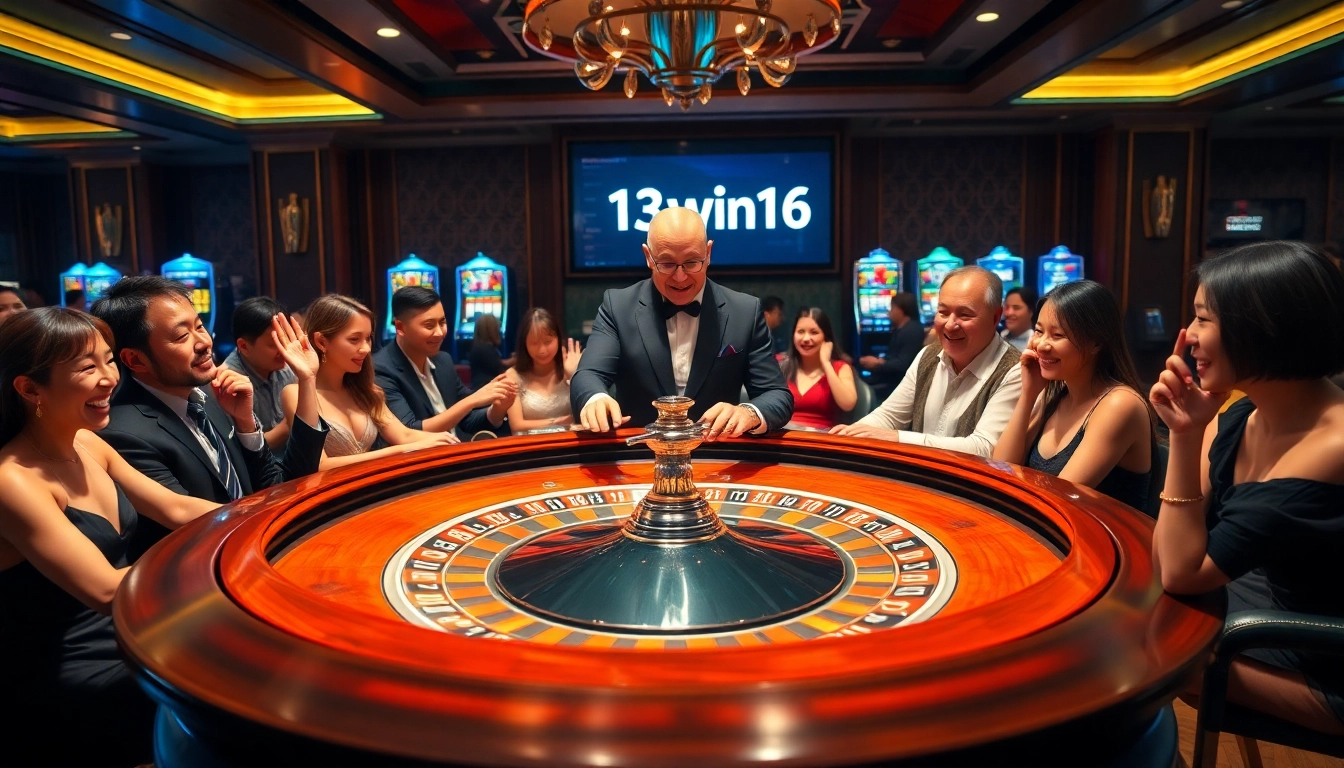 Players engaging in high-stakes betting at the 13win16 roulette table, showcasing a thrilling casino atmosphere.