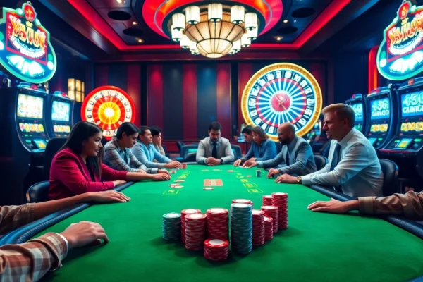 Players enjoying intense poker action at Xin 88 casino, highlighting vibrant chips and tables.