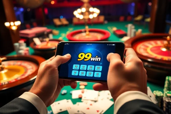Experience thrilling gameplay with the 99win app on a smartphone amidst classic casino elements.