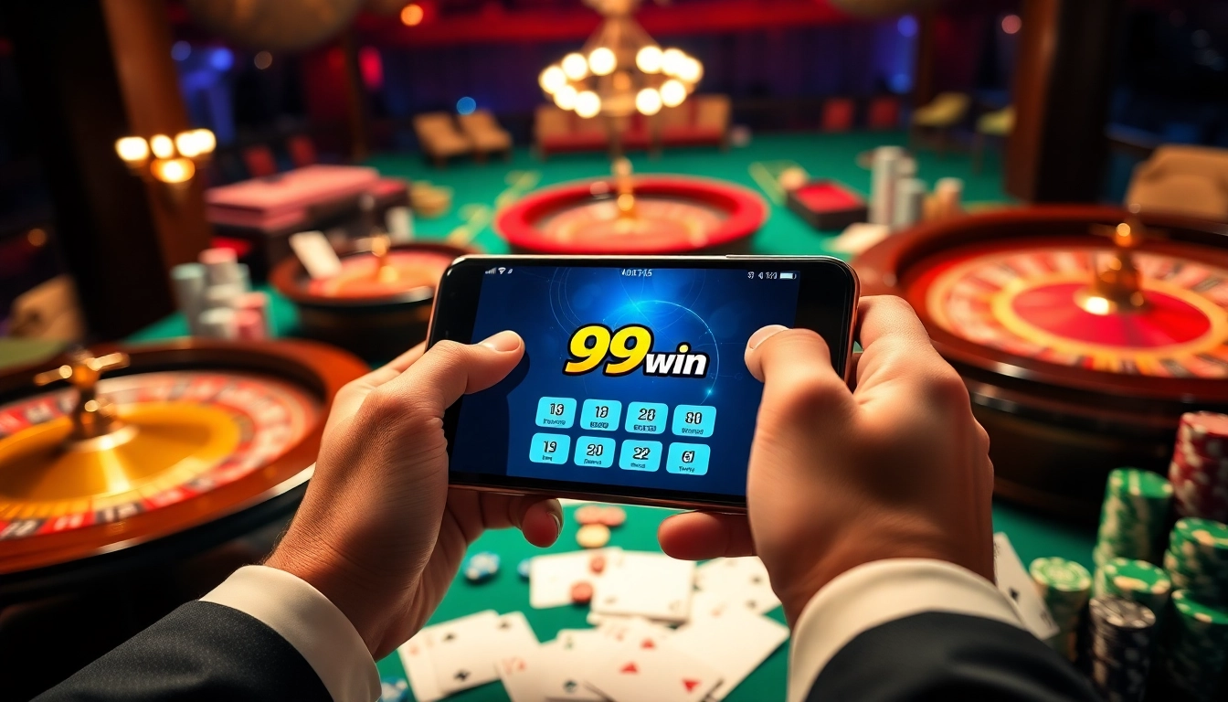 Experience thrilling gameplay with the 99win app on a smartphone amidst classic casino elements.