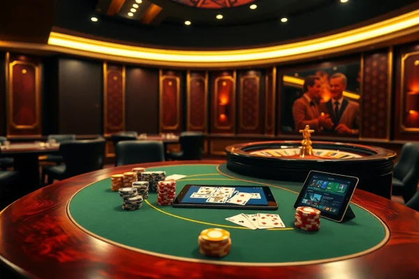 SBOBET poker table setup featuring vibrant chips and elegant cards in a luxurious casino atmosphere