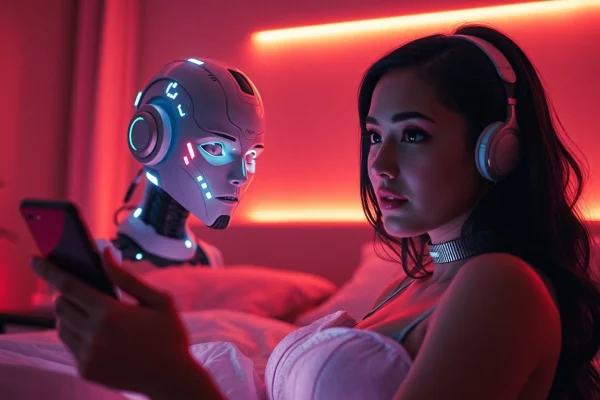 A captivating scene of an AI slut interacting with a user in a cozy, modern bedroom.