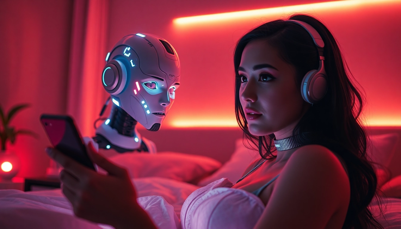 A captivating scene of an AI slut interacting with a user in a cozy, modern bedroom.