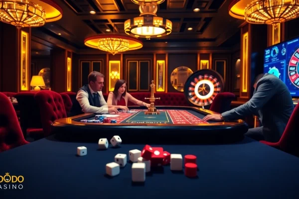 Experience the thrill of SODO CASINO with a vibrant gaming table, chips, and roulette wheel.