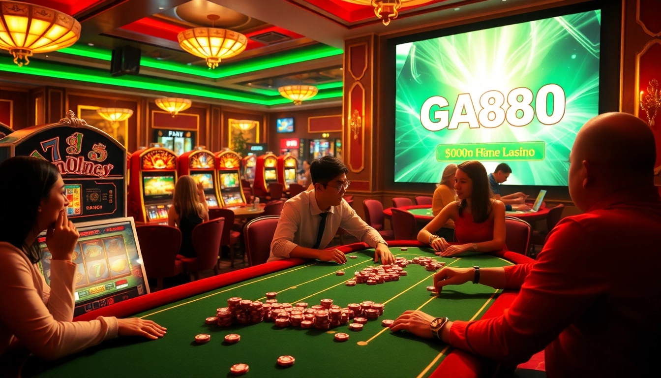 Experience the thrill of Khuyến mãi hoàn tiền cược GA888 at a lively casino table with excited players.