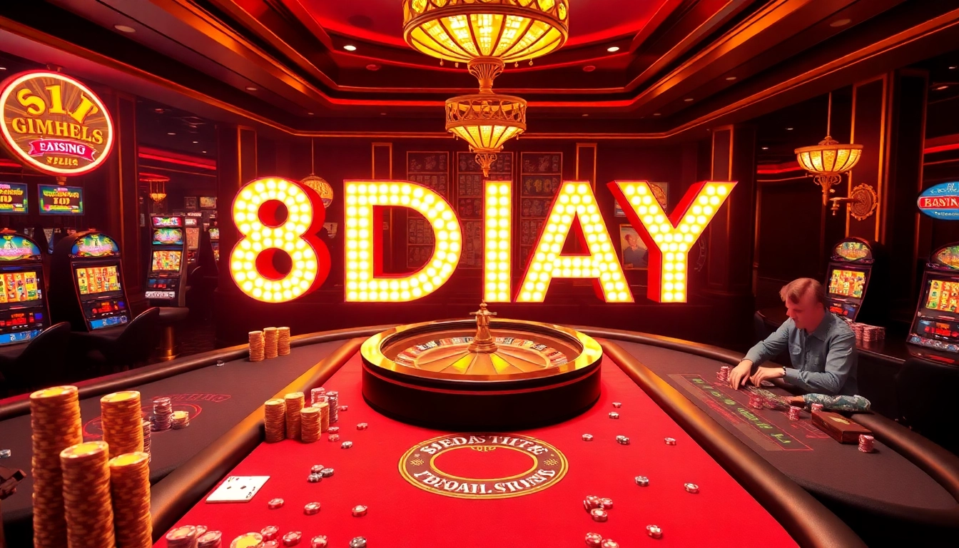 Experience the thrill of 8DAY with vibrant casino tables, engaging players, and luxurious décor.