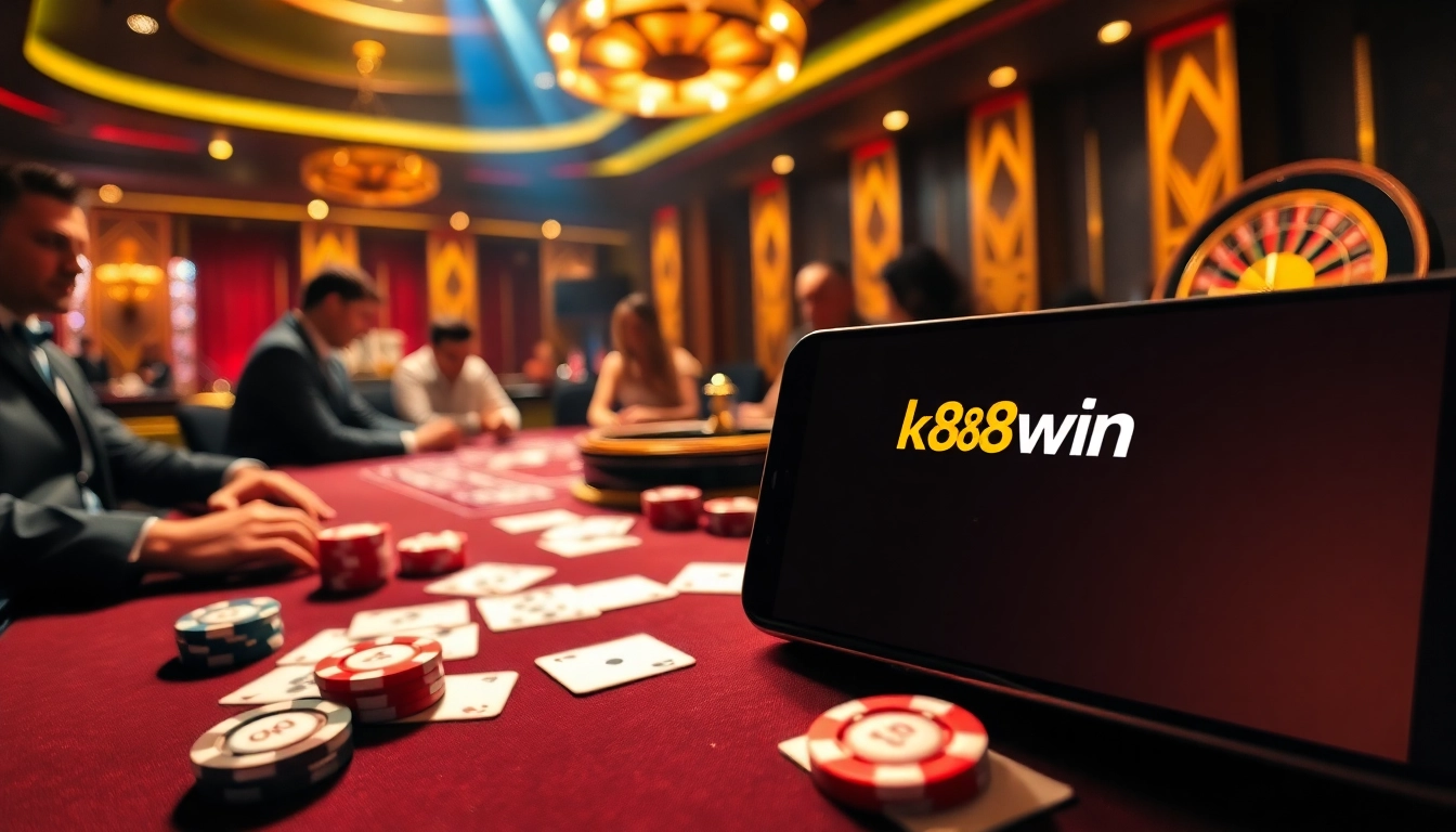 K88win players engaging in a thrilling poker game at a luxurious casino table.