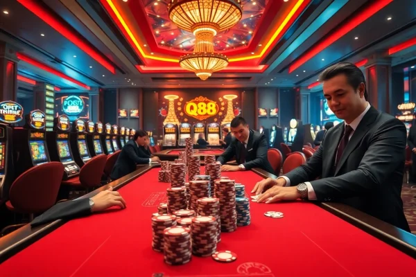 Thrilling gameplay at qh88 casino with vibrant tables, cards, and chips.