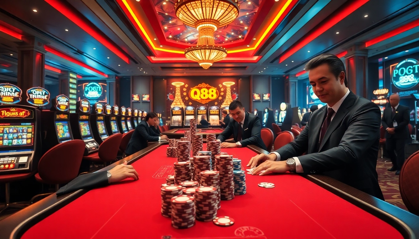 Thrilling gameplay at qh88 casino with vibrant tables, cards, and chips.