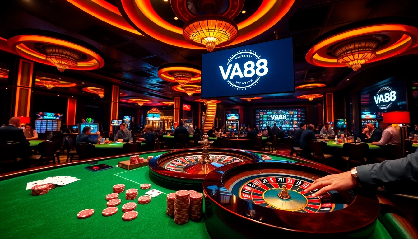 Players enjoying a high-stakes poker game at VA88 casino, showcasing excitement and luxury.