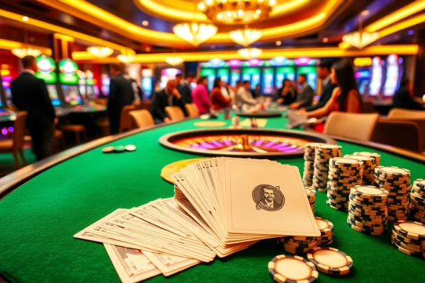 Exciting players enjoying a luxurious gaming experience at De bet's casino with poker tables and slot machines.