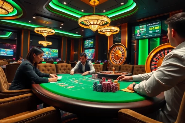 Exciting casino atmosphere featuring players at the poker table and the vibrant interface of nhà cái rr88.