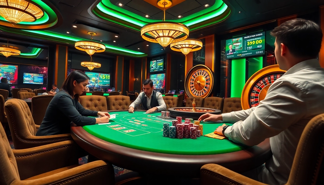 Exciting casino atmosphere featuring players at the poker table and the vibrant interface of nhà cái rr88.